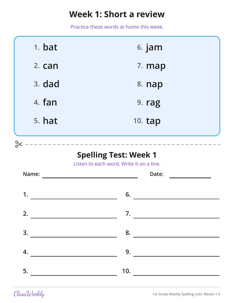 1st Grade Weekly Spelling Lists: Weeks 1-9