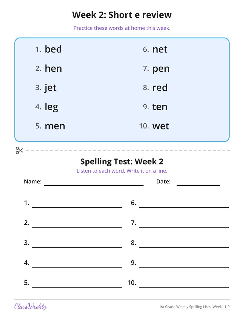 1st Grade Weekly Spelling Lists: Weeks 1-9