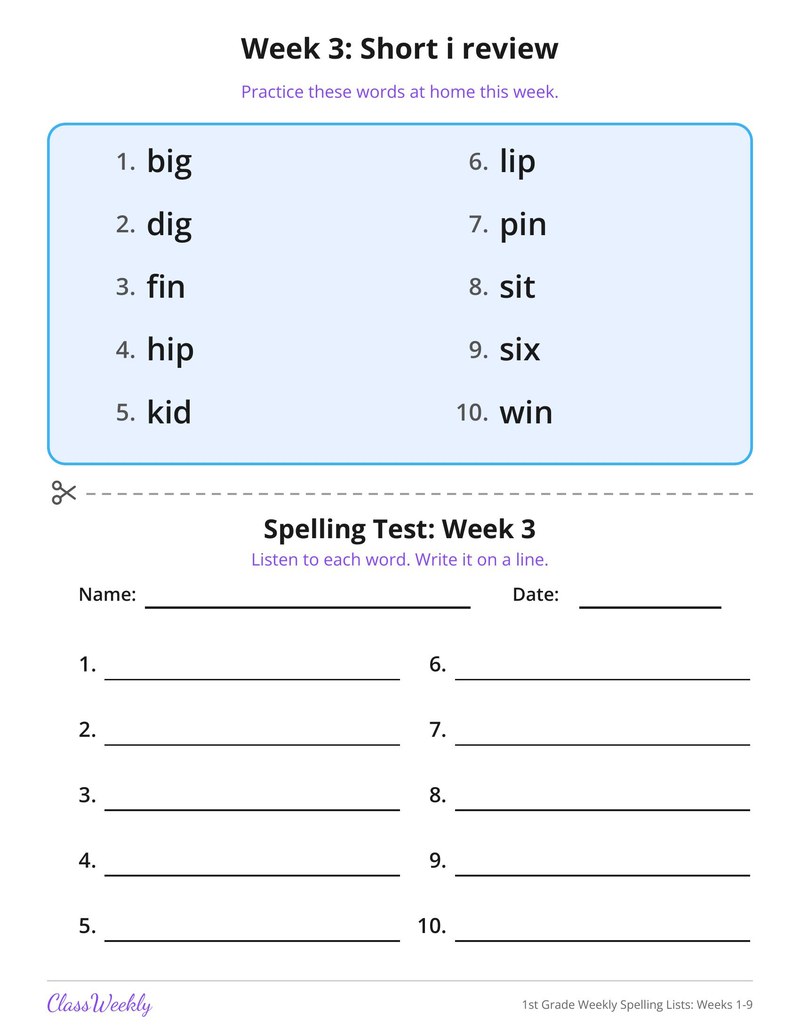 1st Grade Weekly Spelling Lists: Weeks 1-9