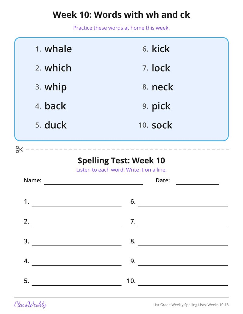 1st Grade Weekly Spelling Lists: Weeks 10-18