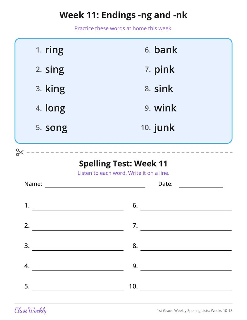 1st Grade Weekly Spelling Lists: Weeks 10-18