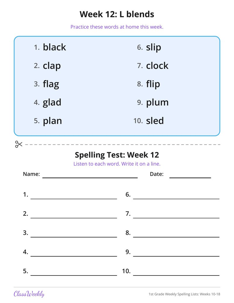 1st Grade Weekly Spelling Lists: Weeks 10-18