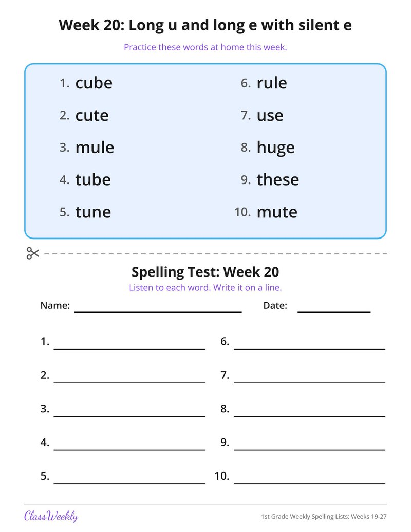 1st Grade Weekly Spelling Lists: Weeks 19-27