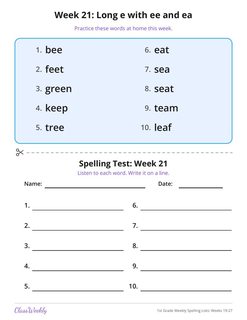 1st Grade Weekly Spelling Lists: Weeks 19-27