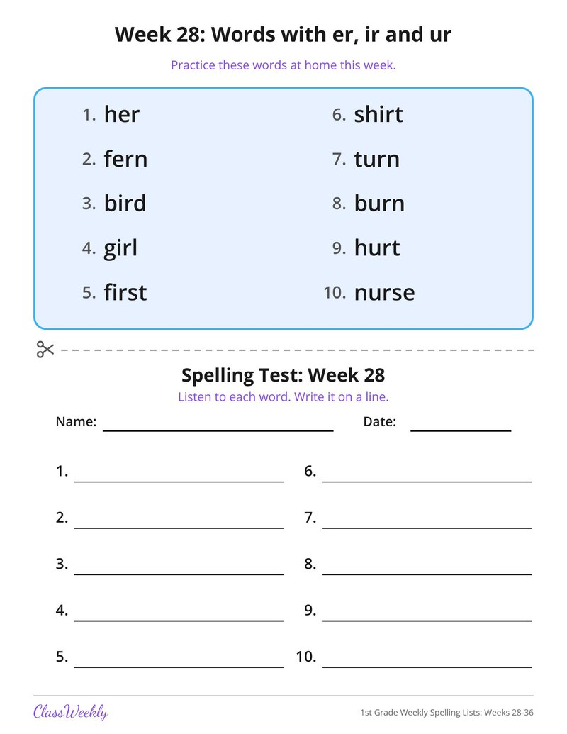 1st Grade Weekly Spelling Lists: Weeks 28-36