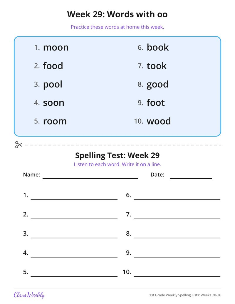1st Grade Weekly Spelling Lists: Weeks 28-36
