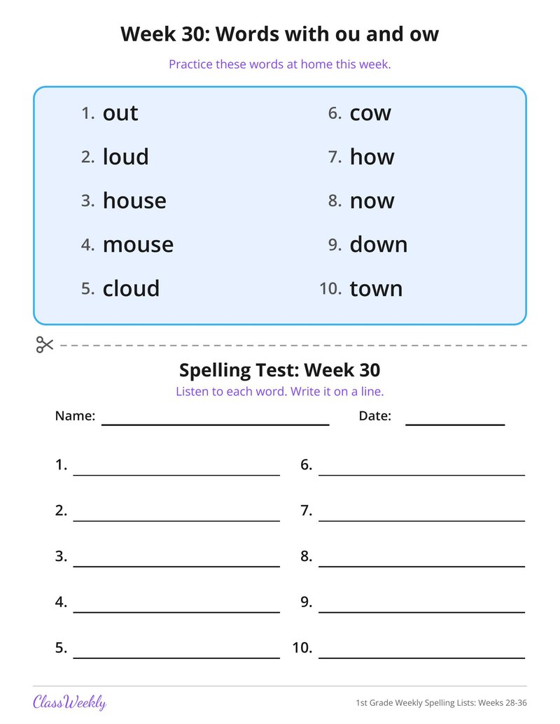 1st Grade Weekly Spelling Lists: Weeks 28-36