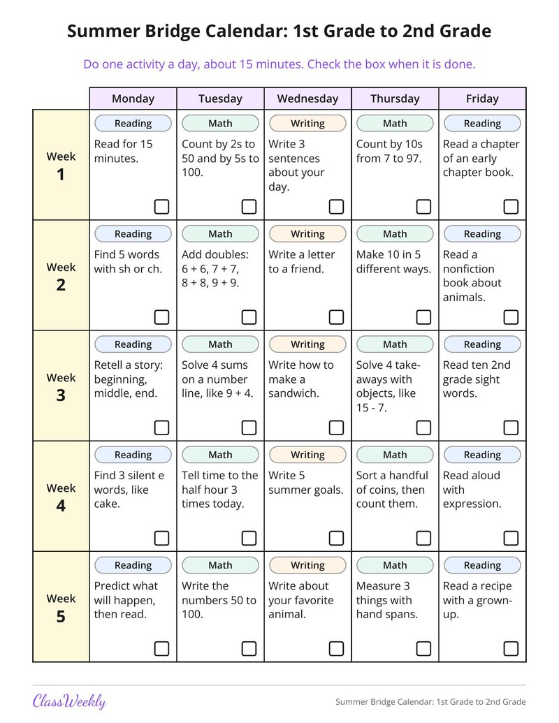 Summer Bridge Calendar: 1st Grade to 2nd Grade