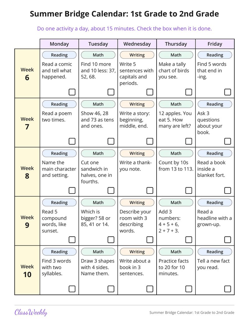 Summer Bridge Calendar: 1st Grade to 2nd Grade