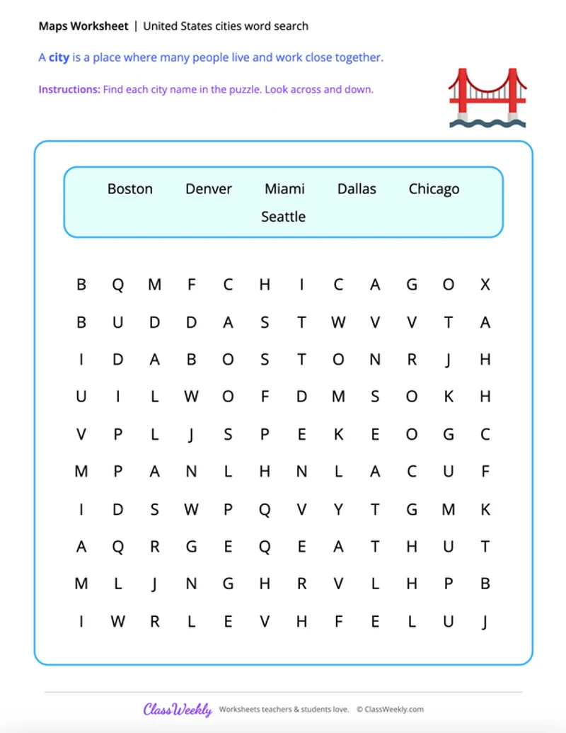 United States cities word search
