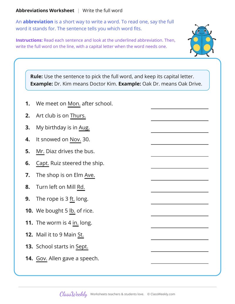 Write the Full Word for Each Abbreviation