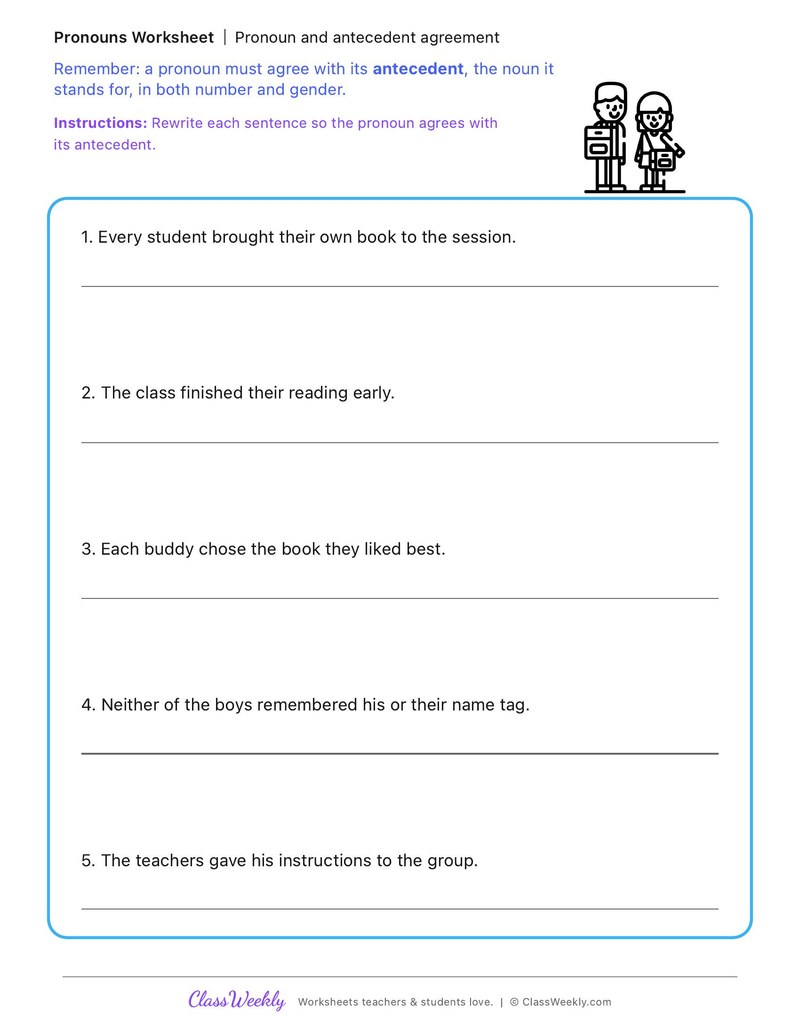 Pronoun and antecedent agreement - Kindergarten Buddy Day