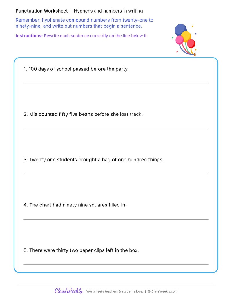 Hyphens and numbers in writing - 100th Day of School