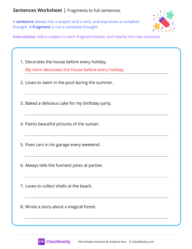 Fragments to full sentences - Party
