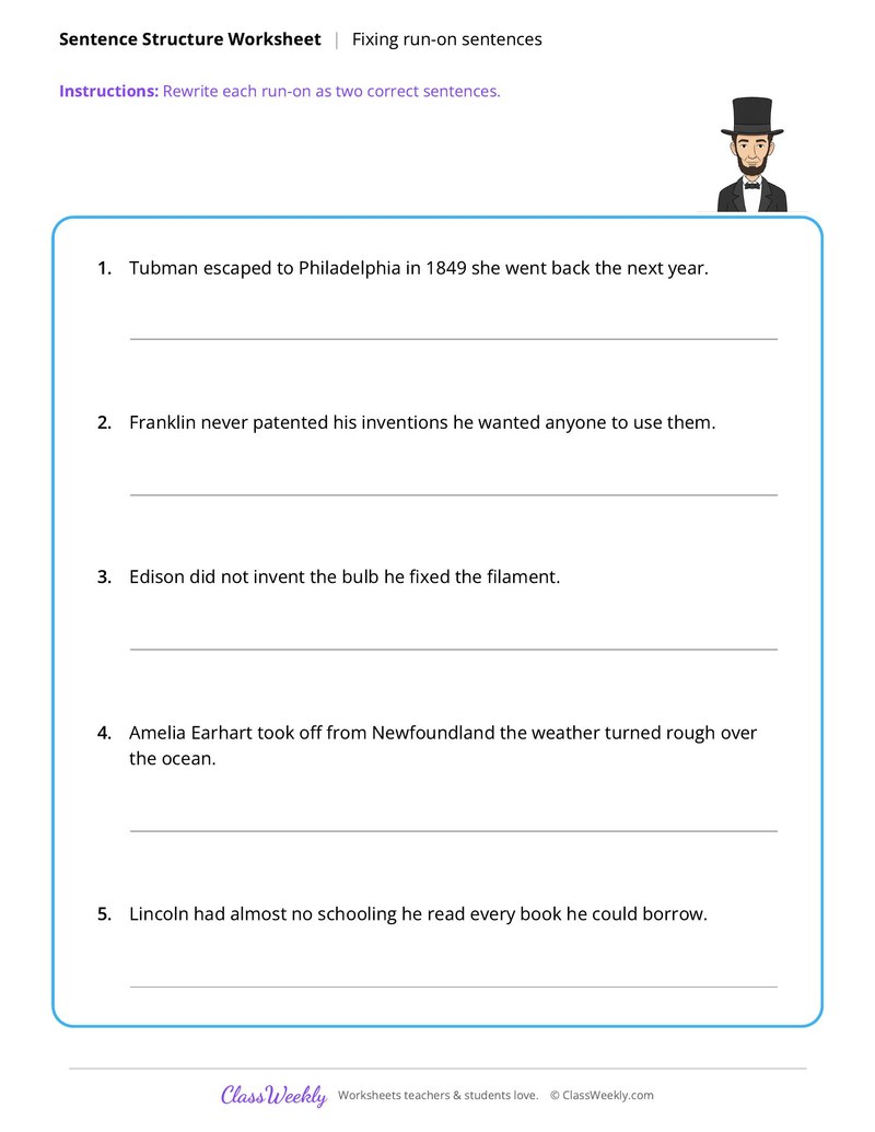Fixing Run-On Sentences - Famous Americans - Page 1