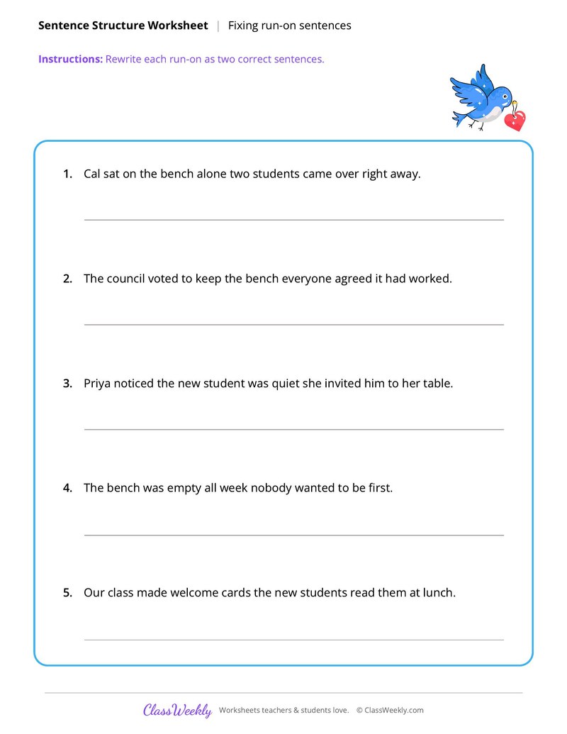 Fix Run-On Sentences - Friendship & Kindness