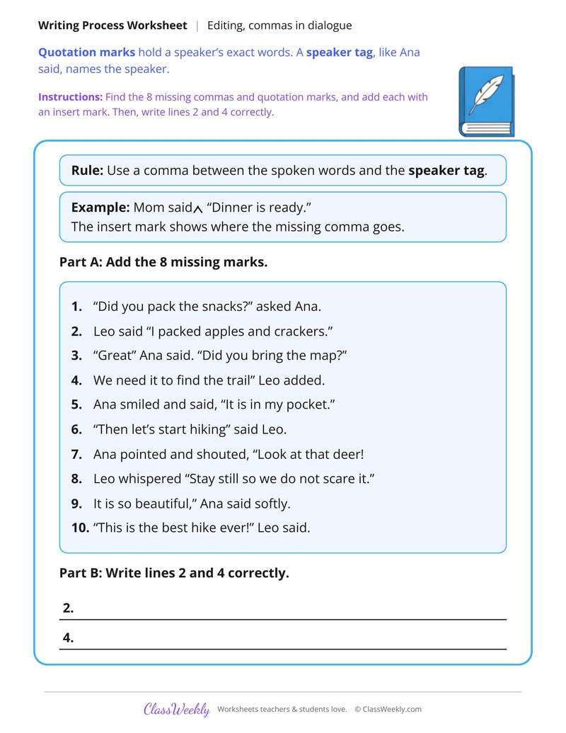 Proofread a Narrative for Commas in Dialogue
