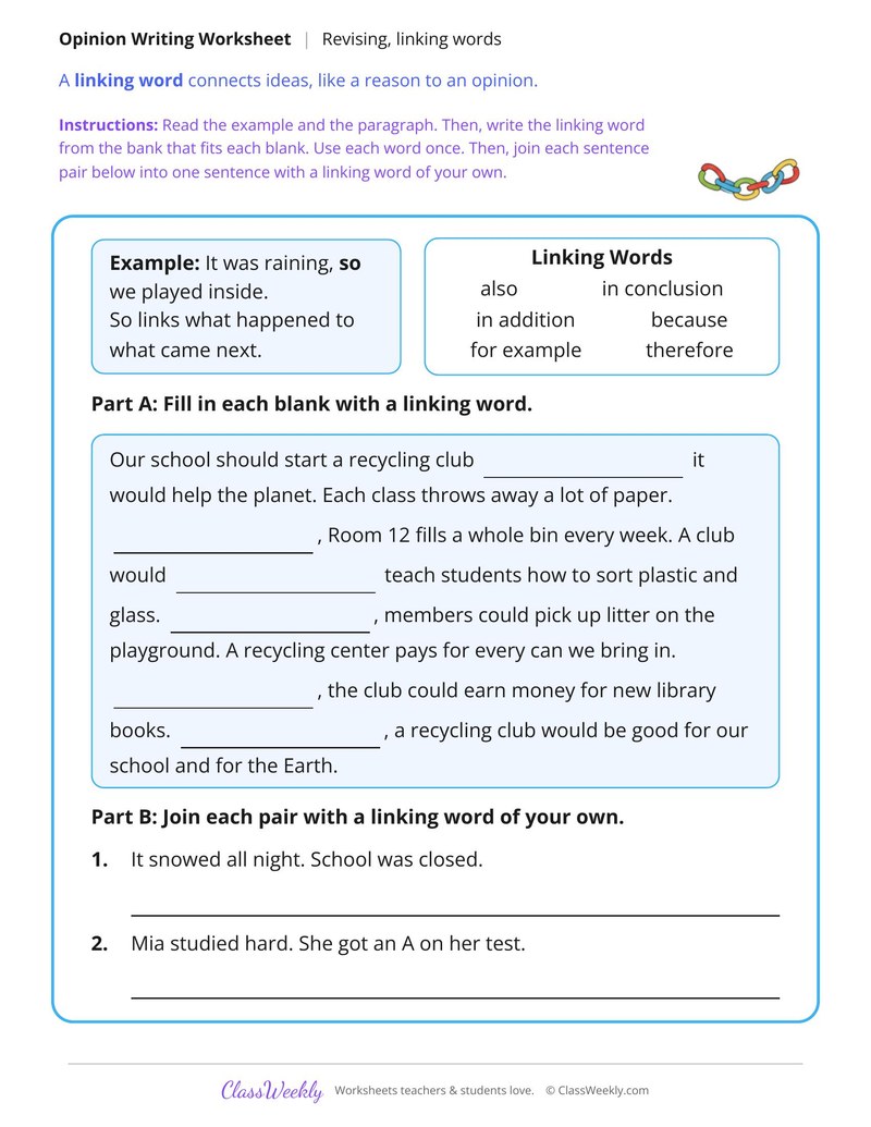 Revise for Linking Words in an Opinion Essay