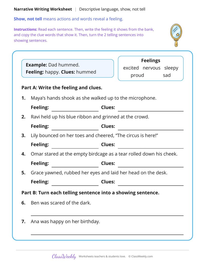 Show, Not Tell, Character Feelings in a Narrative