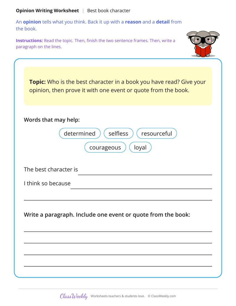 Best Book Character Opinion Writing