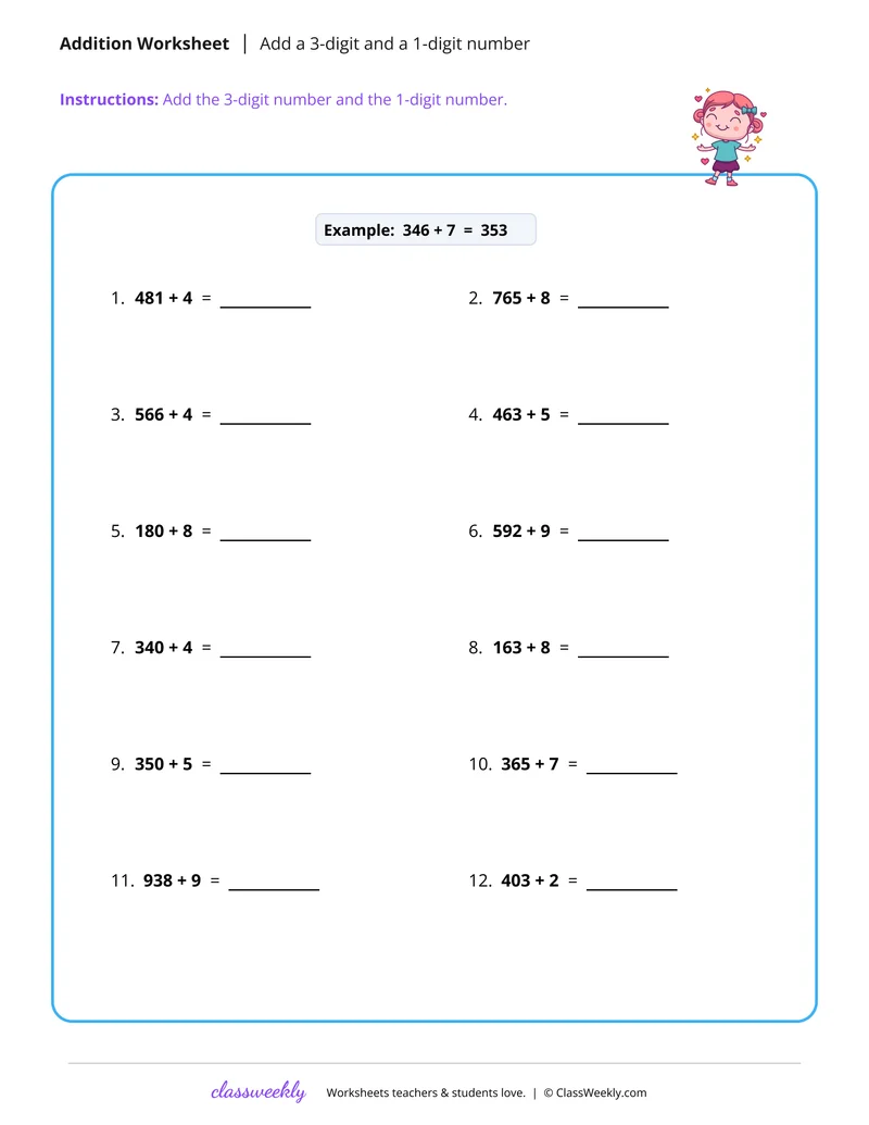 Add a 3-digit and a 1-digit number