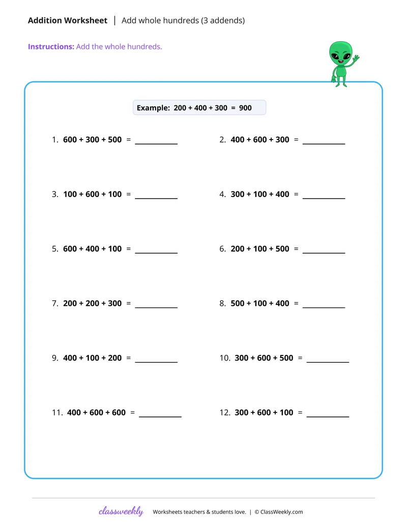 Add whole hundreds (3 addends)