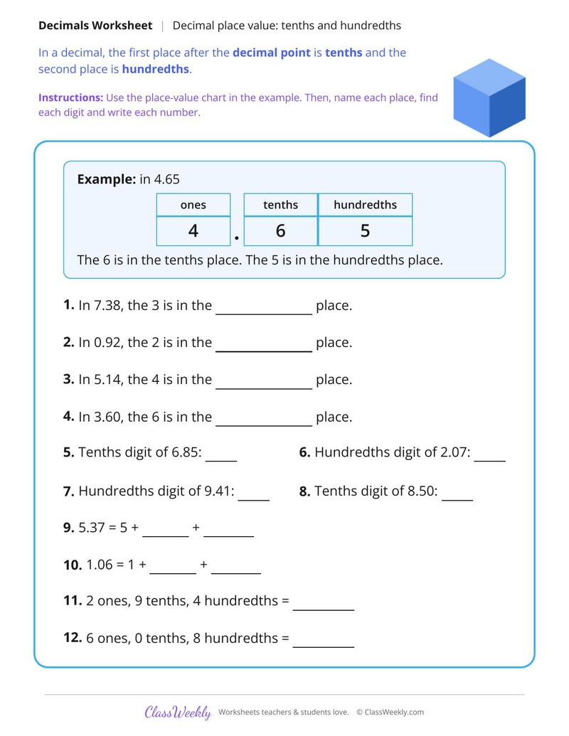 Tenths and Hundredths Place Value