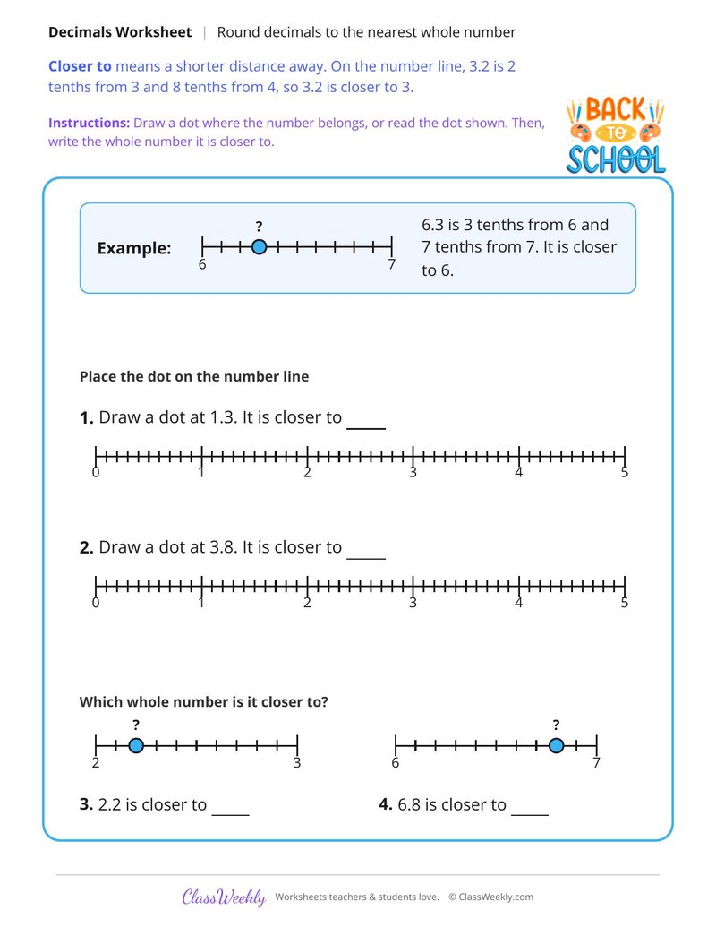 Round Decimals to the Nearest Whole Number - Page 1
