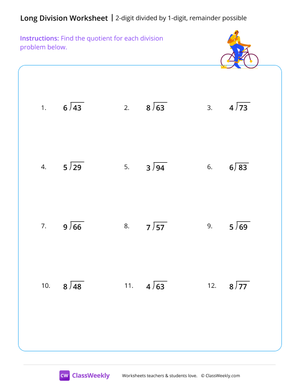 2-digit divided by 1-digit (remainder possible) - Diving