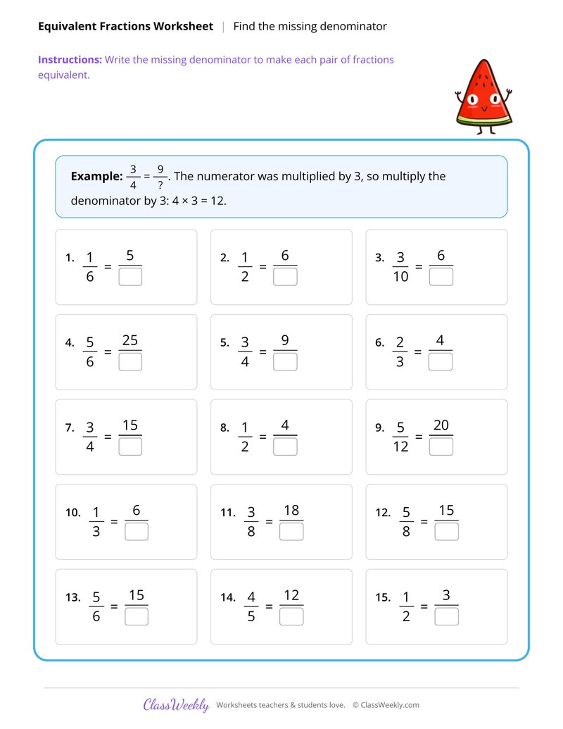 Equivalent fractions, missing denominators