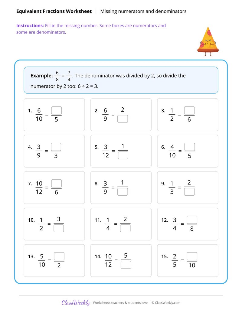 Equivalent fractions, missing numerators and denominators