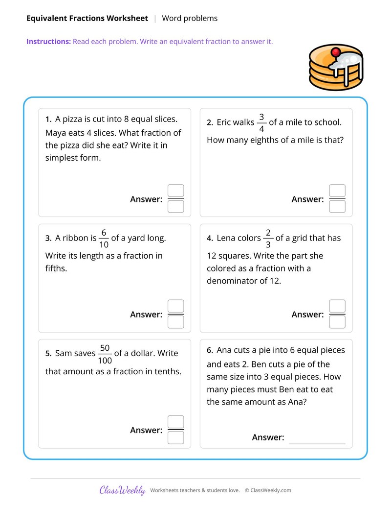 Equivalent fractions word problems