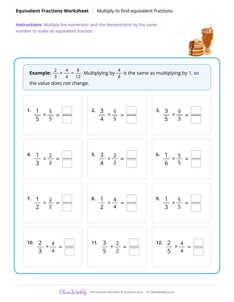 Multiply to find equivalent fractions
