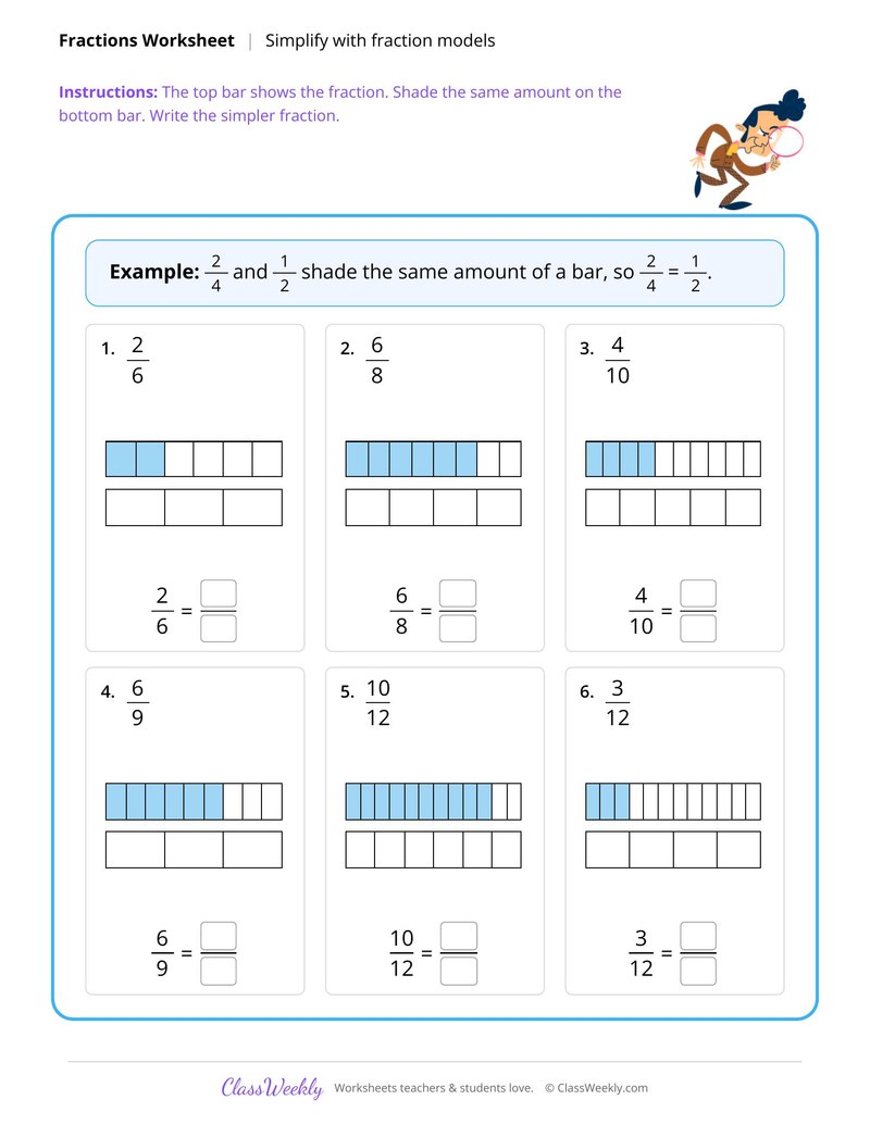Simplify fractions using fraction bars