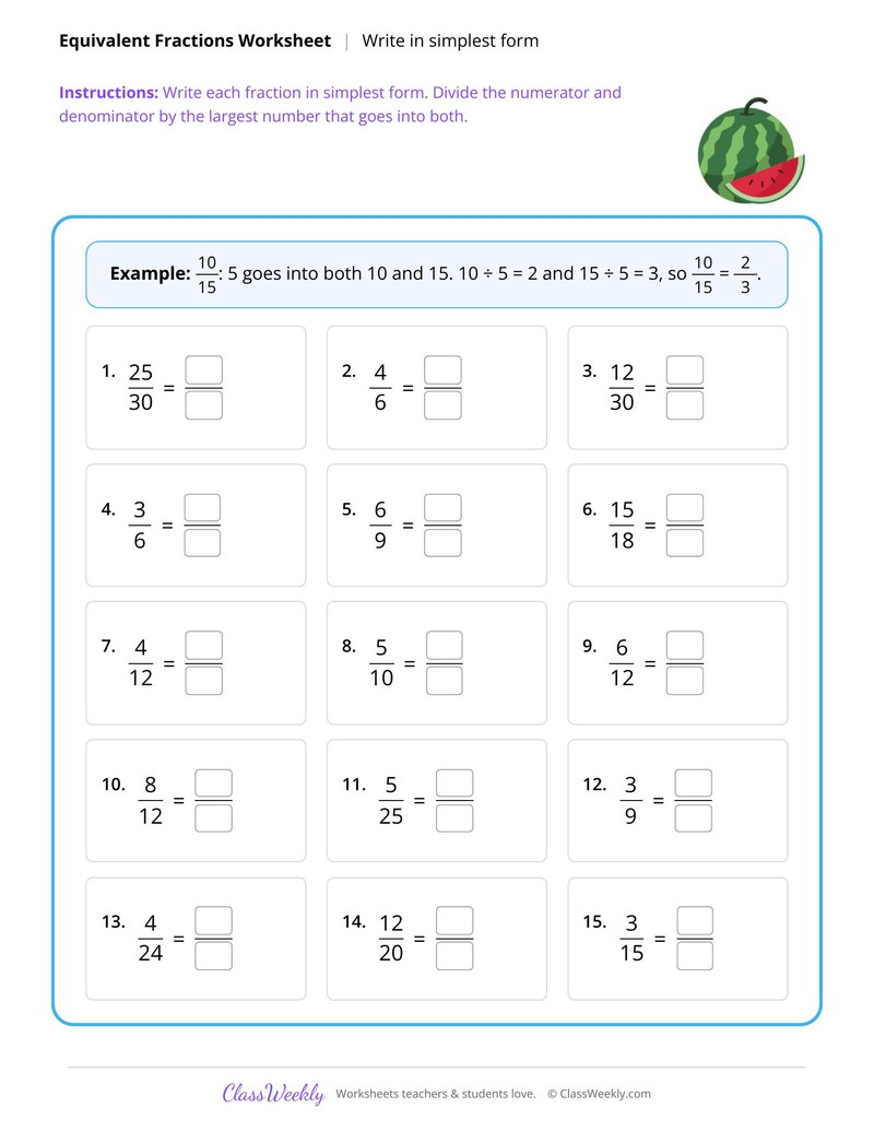 Write fractions in simplest form