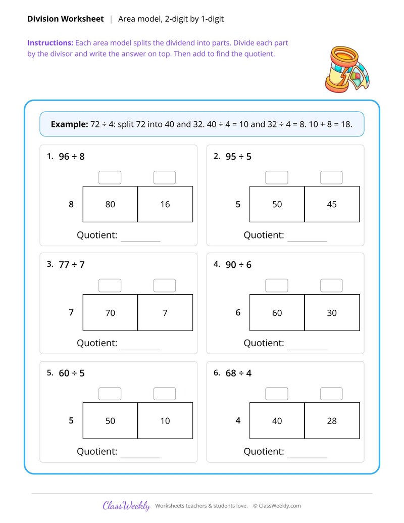 Area model division, 2-digit by 1-digit