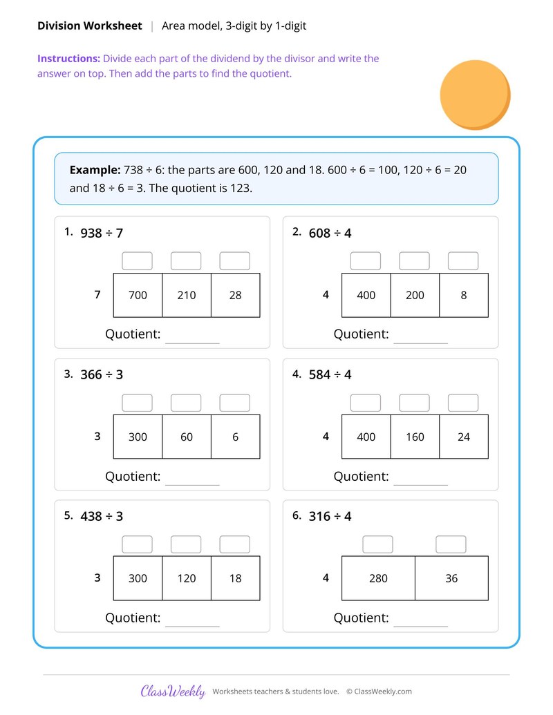 Area model division, 3-digit by 1-digit