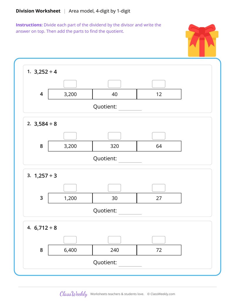 Area model division, 4-digit by 1-digit