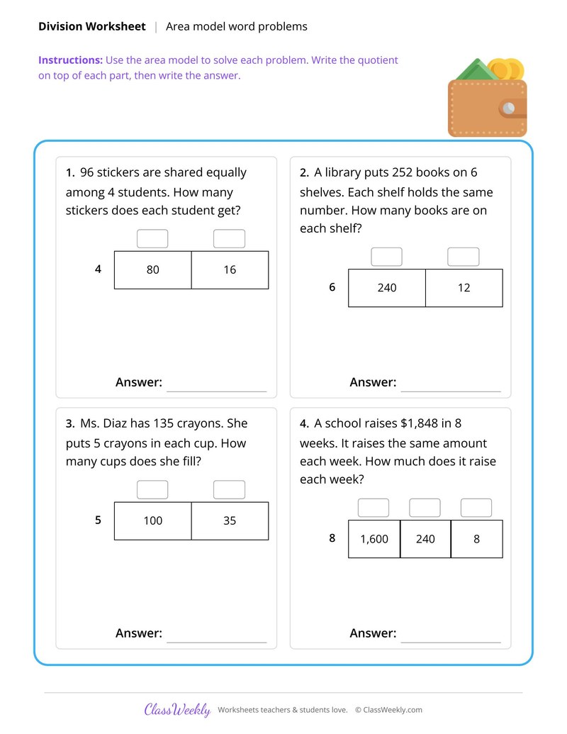 Division word problems with area models