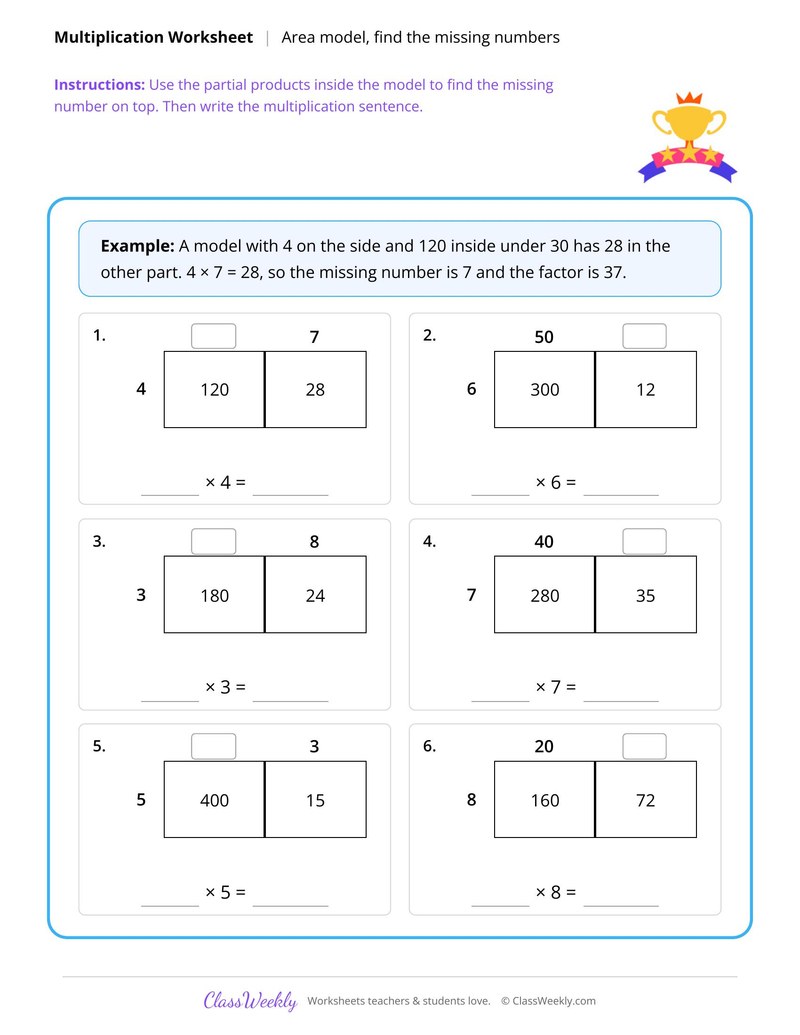 Area model, find the missing numbers