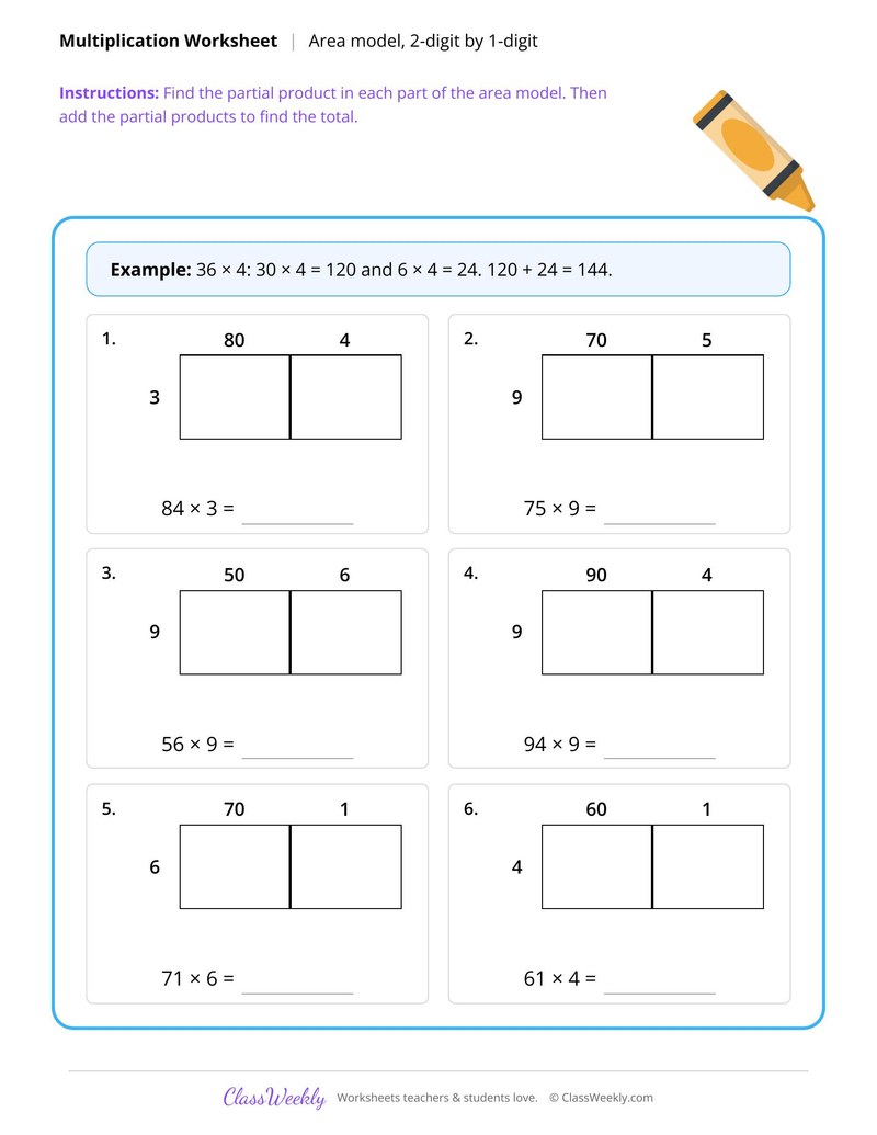 Area model multiplication, 2-digit by 1-digit