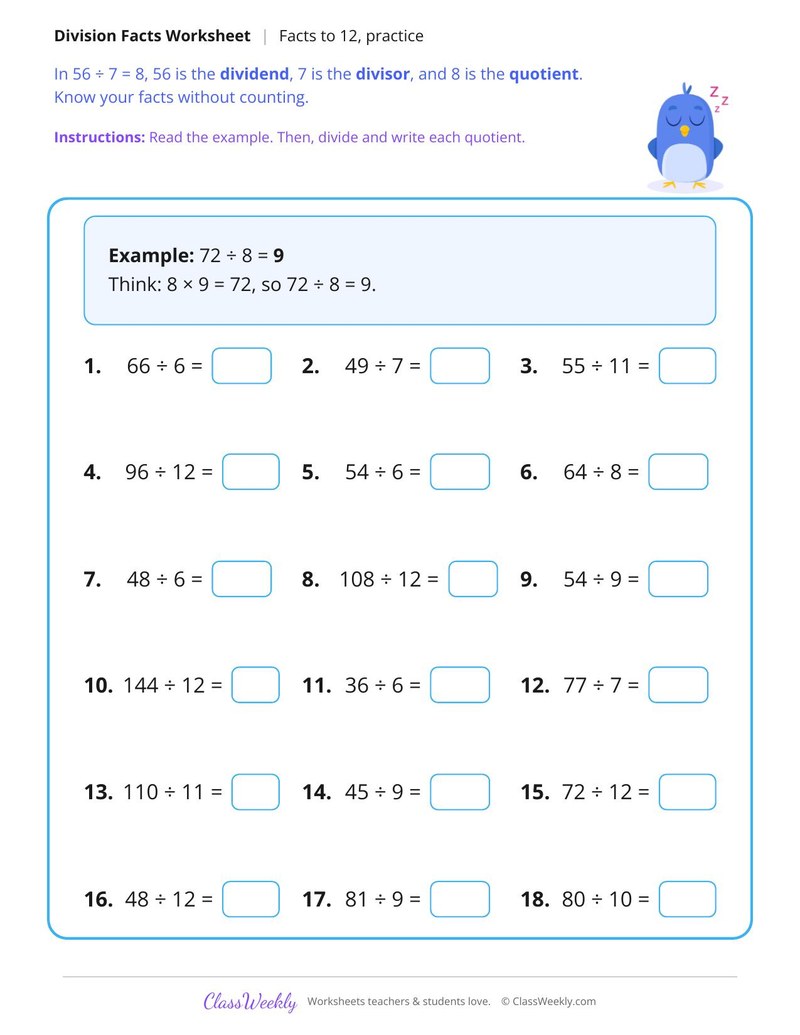 Division Facts to 12, Fluency Practice