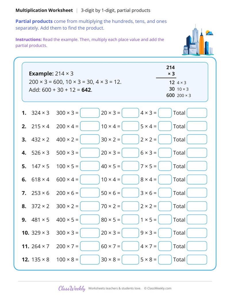 Multiply 3-Digit by 1-Digit, Partial Products