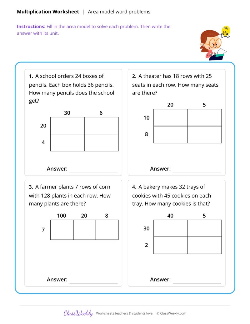 Multiplication word problems with area models