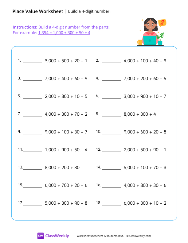 Build a 4-digit number - Free 4th Grade Math Worksheet