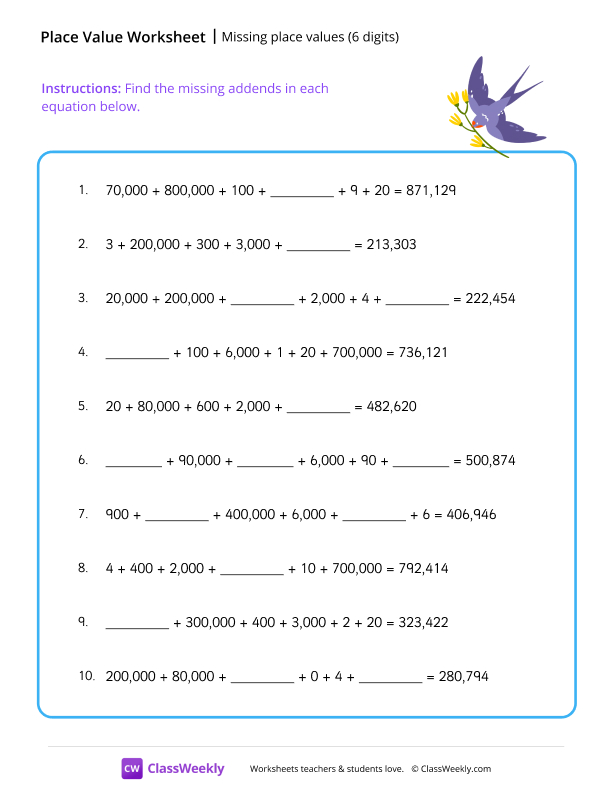 Missing place values (6 digits) - Bird