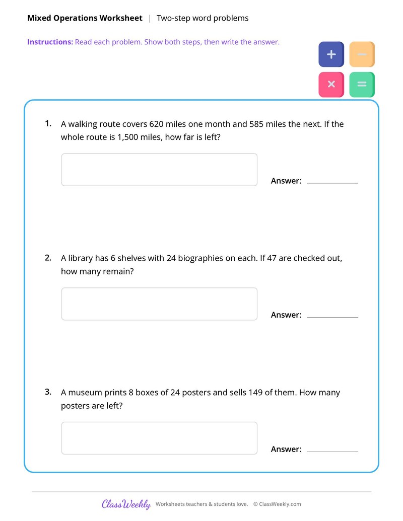 Two-Step Word Problems worksheet preview