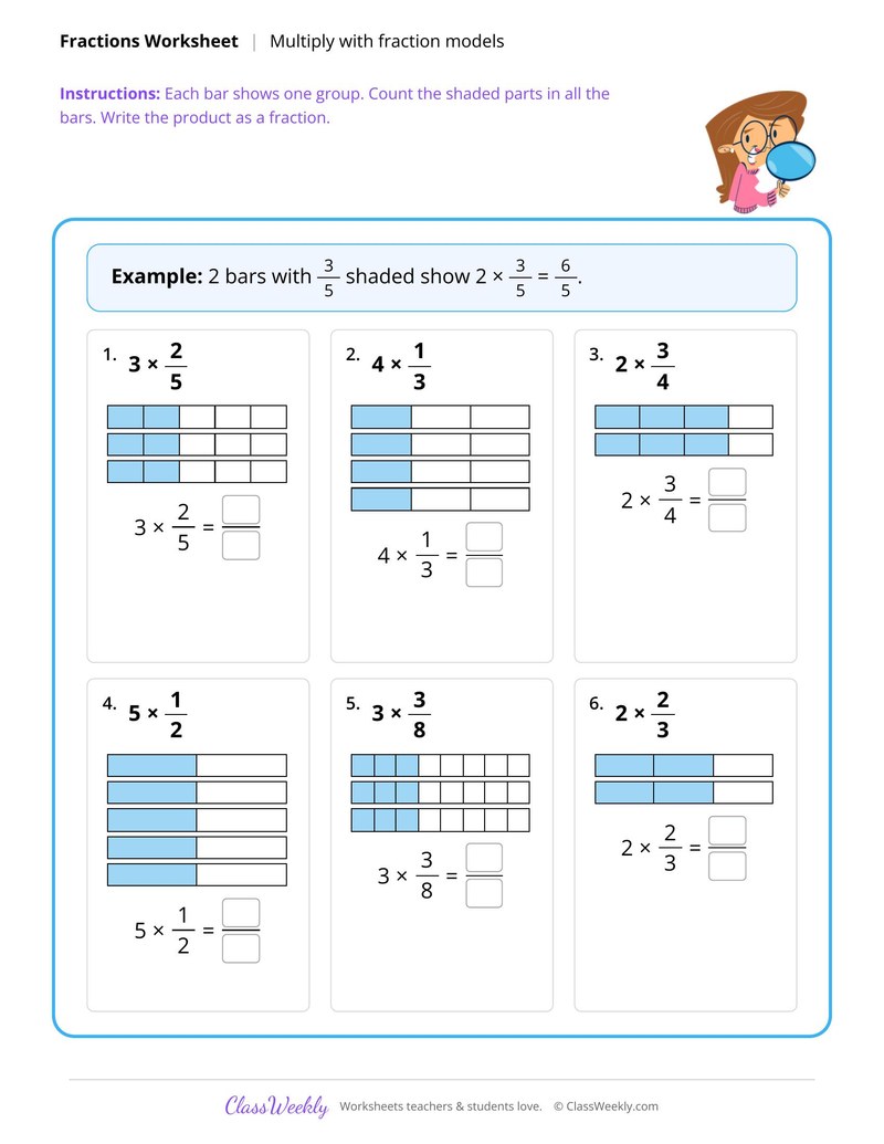 Multiply fractions by whole numbers with models