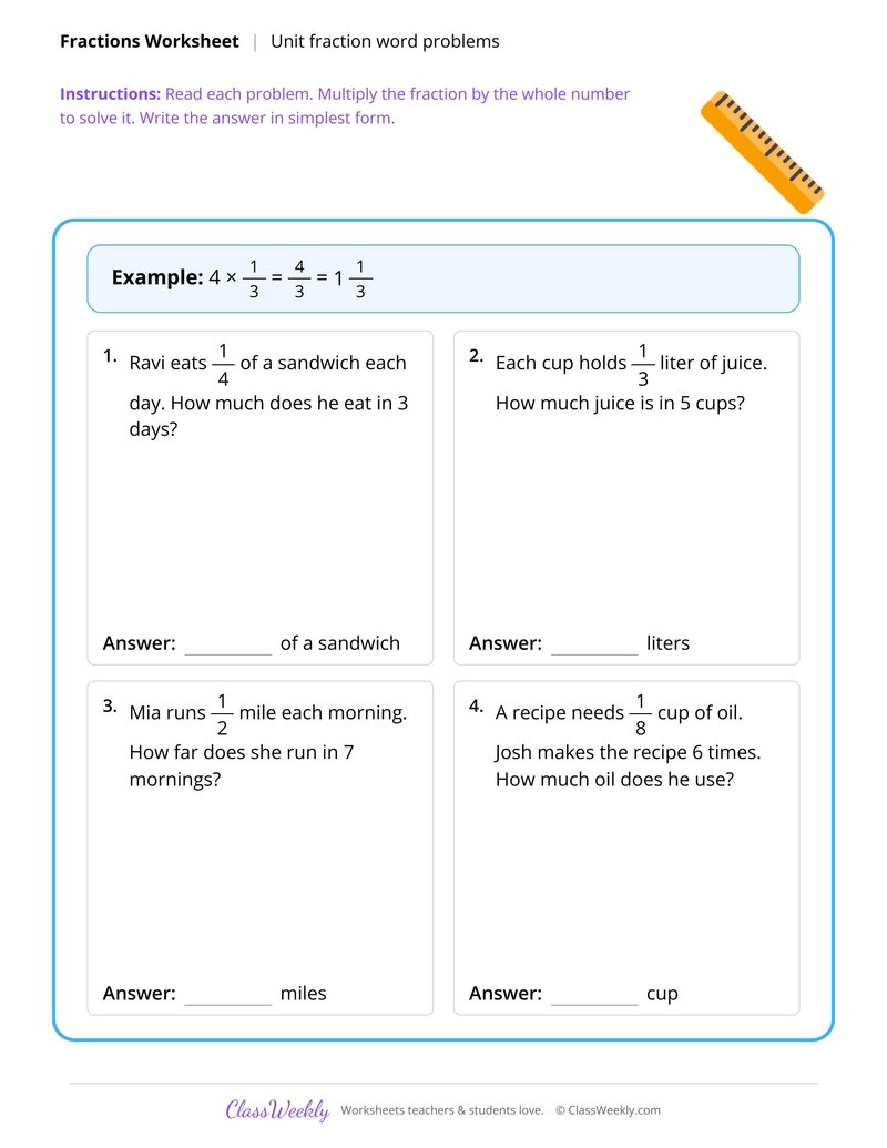 Multiply unit fractions by whole numbers word problems