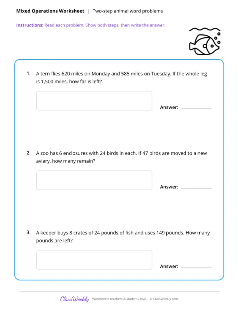 Mixed Operations - Two-Step Animal Word Problems